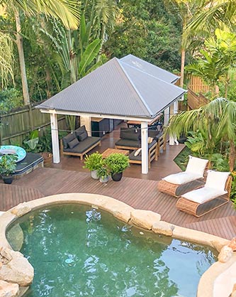 Cabana with timber deck entertaining area, with spa and pool