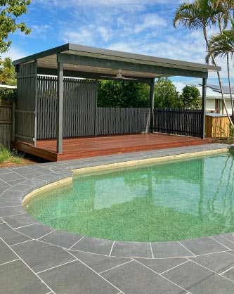 Cabana overlooking tiled pool area