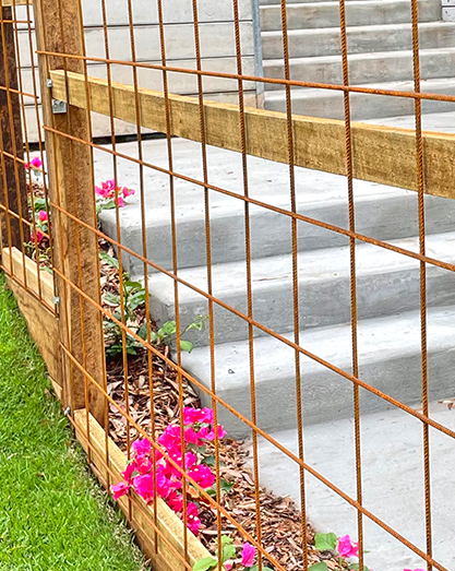 Concrete stairs behind rusted steel climbing trellis